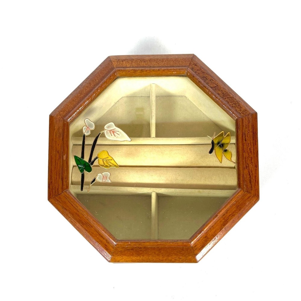 Vintage Octagonal Wood Jewelry Box Glass Lid Butterfly Floral Ring Organizer